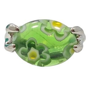 Vtg Murano Millefiori Glass Flower Ring Size 4 Pinkie Green Yellow Silver Tone
